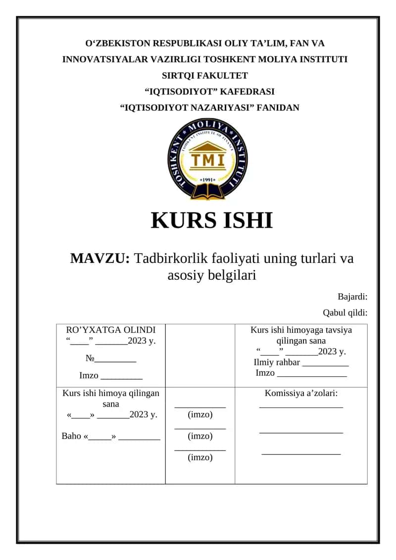 Tadbirkorlik faoliyati uning turlari va asosiy belgilari 1