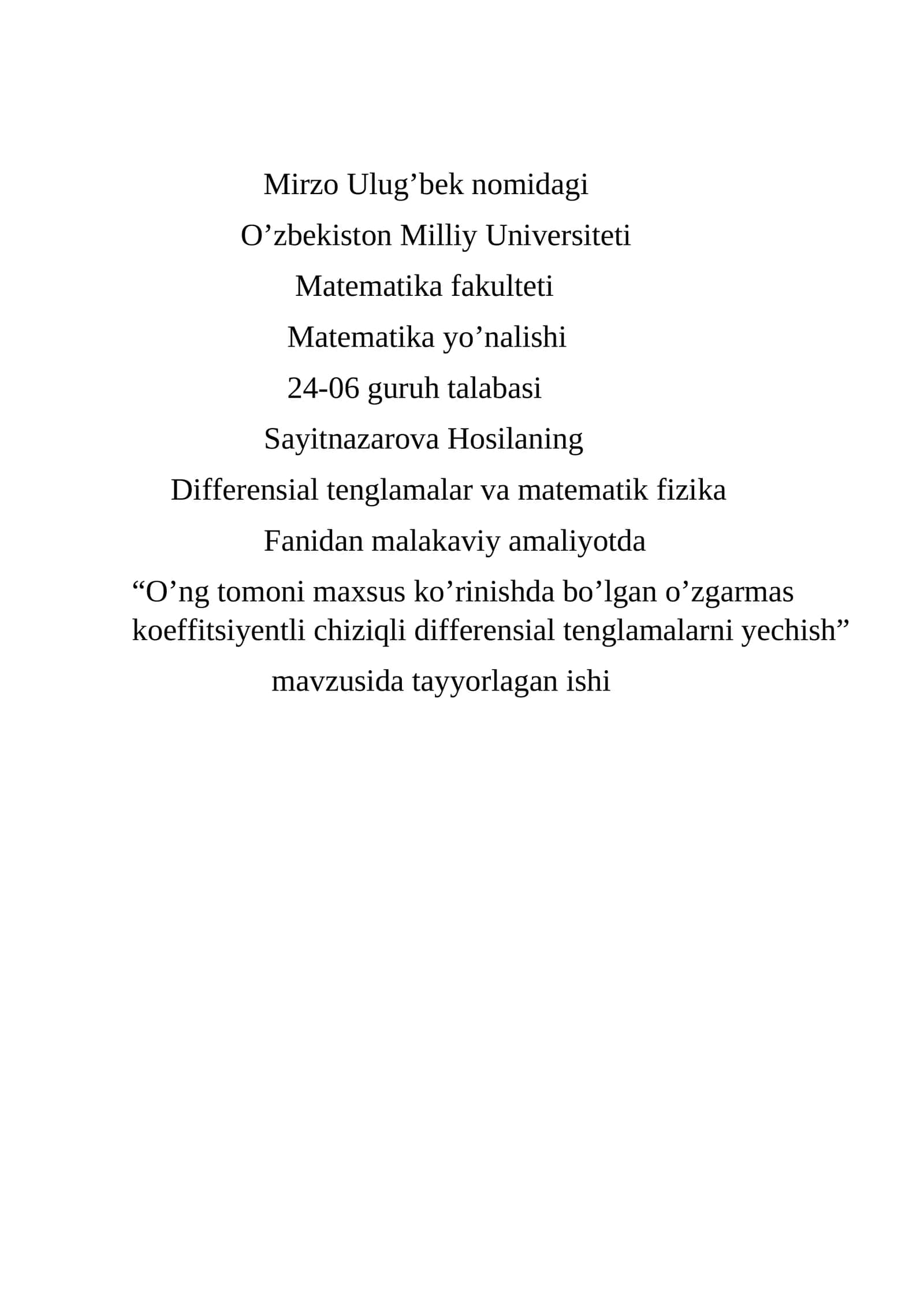 Differensial Tenglamalar va Matematik Fizika 1