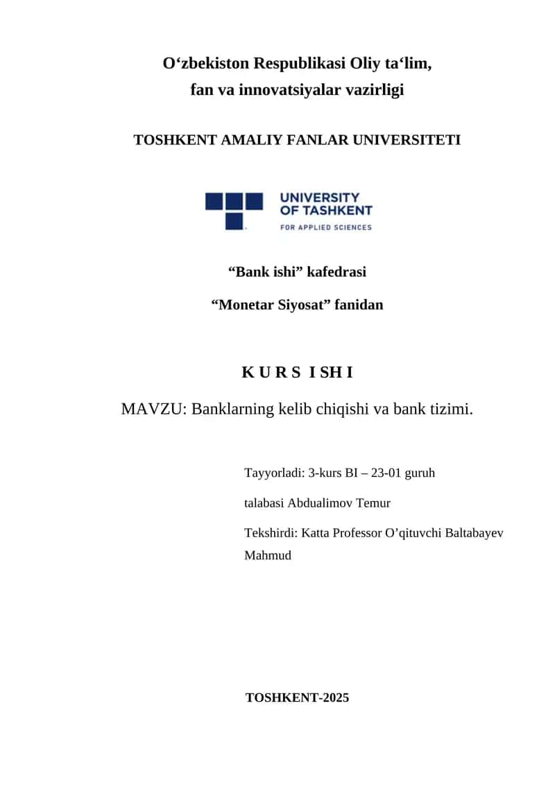 Banklarning kelib chiqishi va bank tizimi 1
