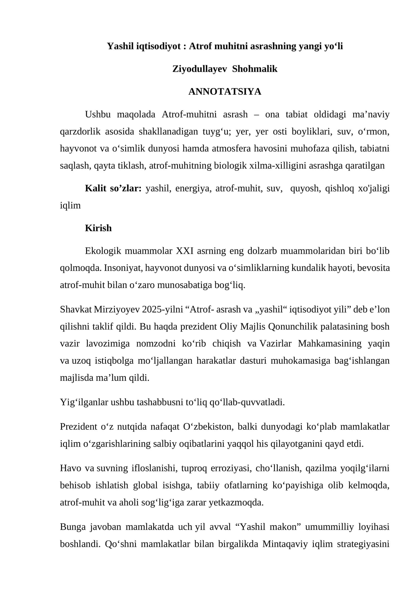 Yashil iqtisodiyot: Atrof muhitni asrashning yangi yoʻli 1