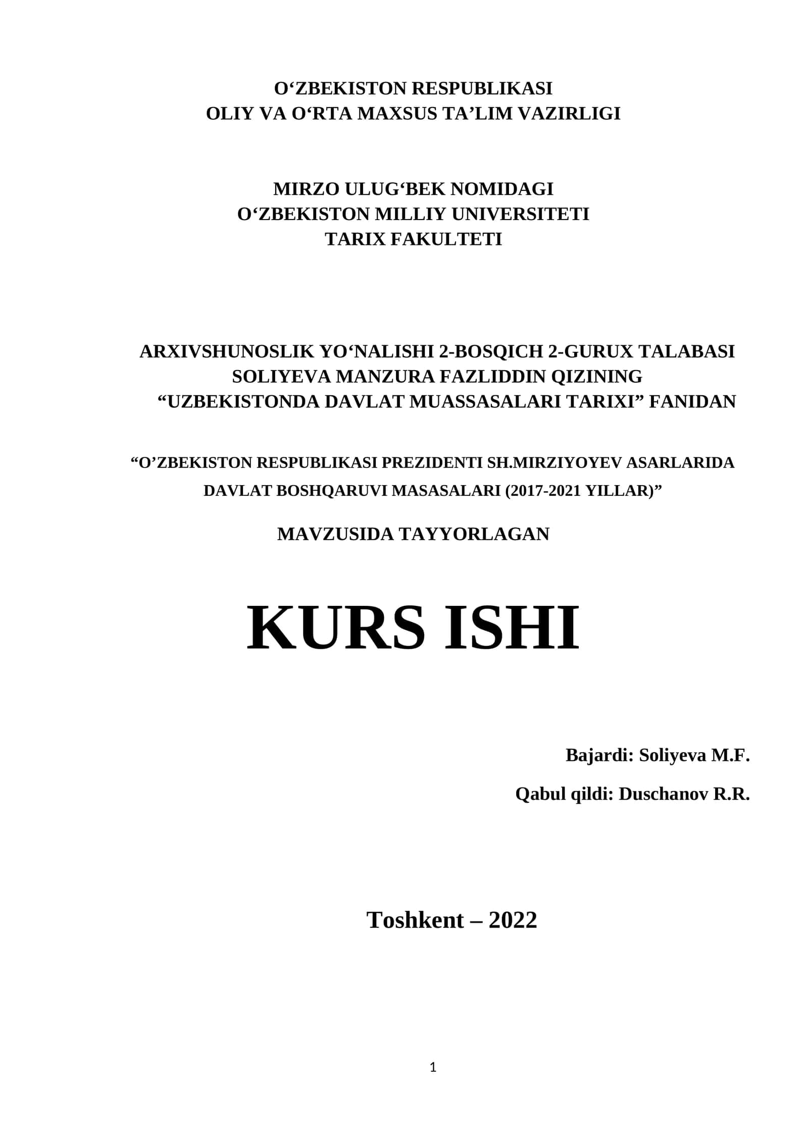 "O‘ZBEKISTON RESPUBLIKASI PREZIDENTI SH.MIRZIYOYEV ASARLARIDA DAVLAT BOSHQARUVI MASASALARI (2017-2021 YILLAR)" 1