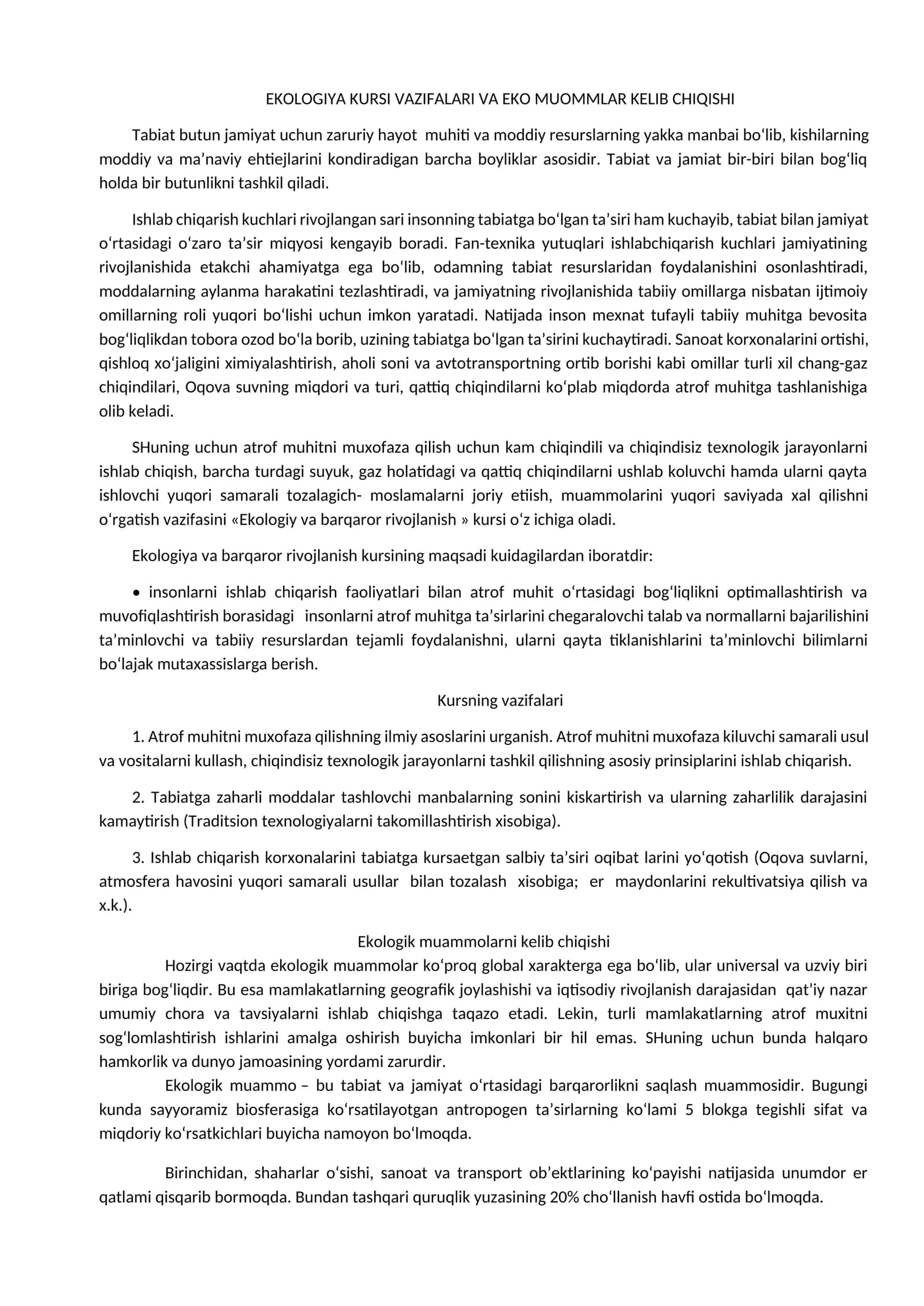 EKOLOGIYA KURSI VAZIFALARI VA EKO MUOMMLAR KELIB CHIQISHI 1