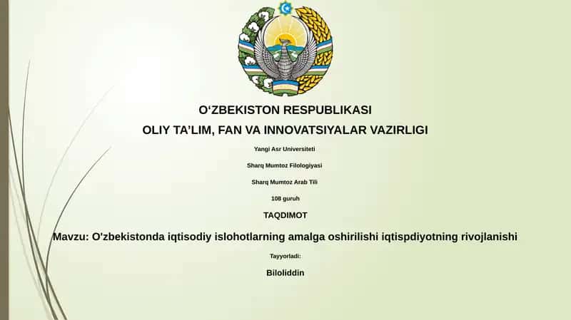 O'zbekistonda iqtisodiy islohotlarning amalga oshirilishi iqtispdiyotning rivojlanishi 1