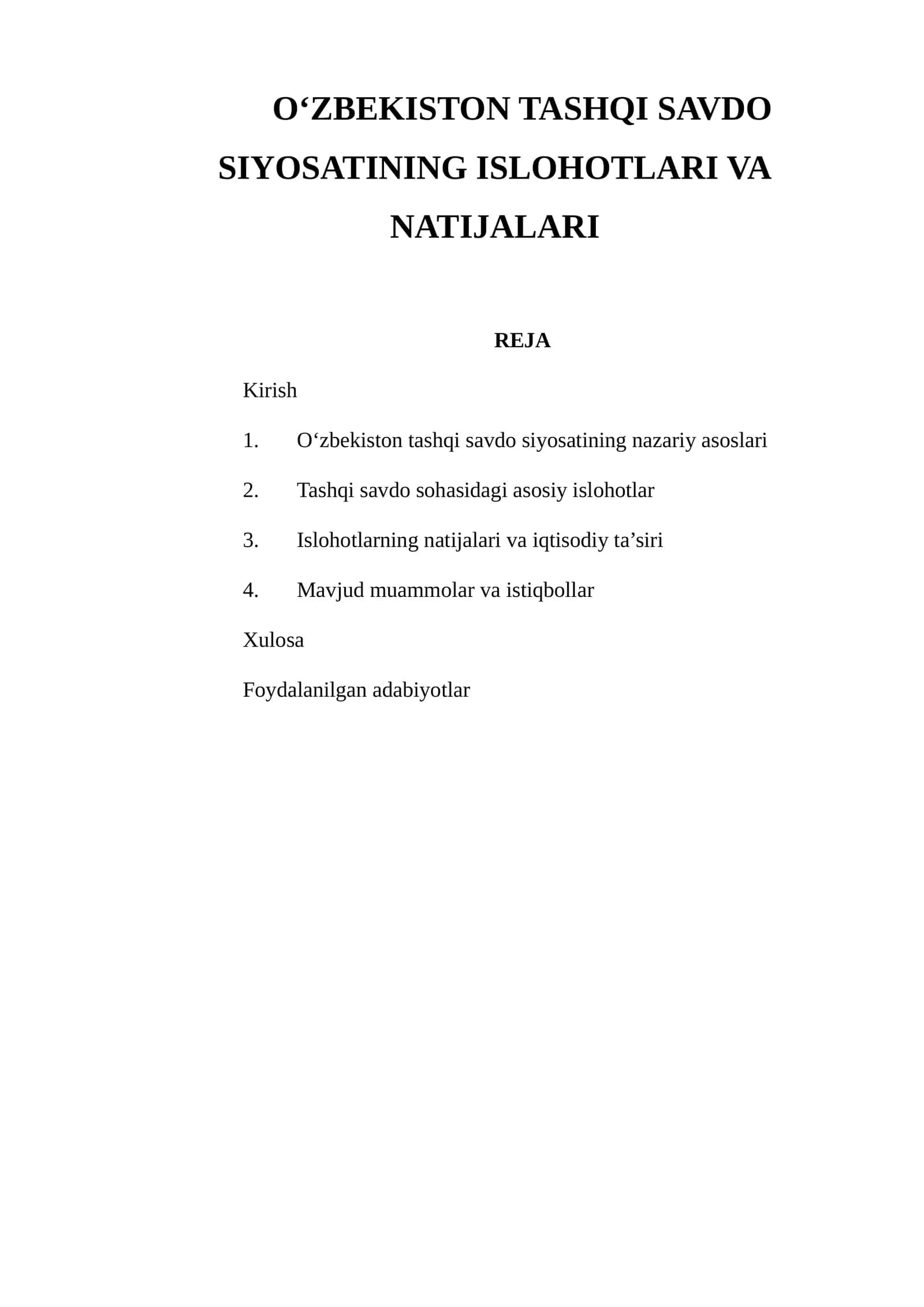 O‘zbekiston Tashqi Savdo Siyosatining Islohotlari va Natijalari 1