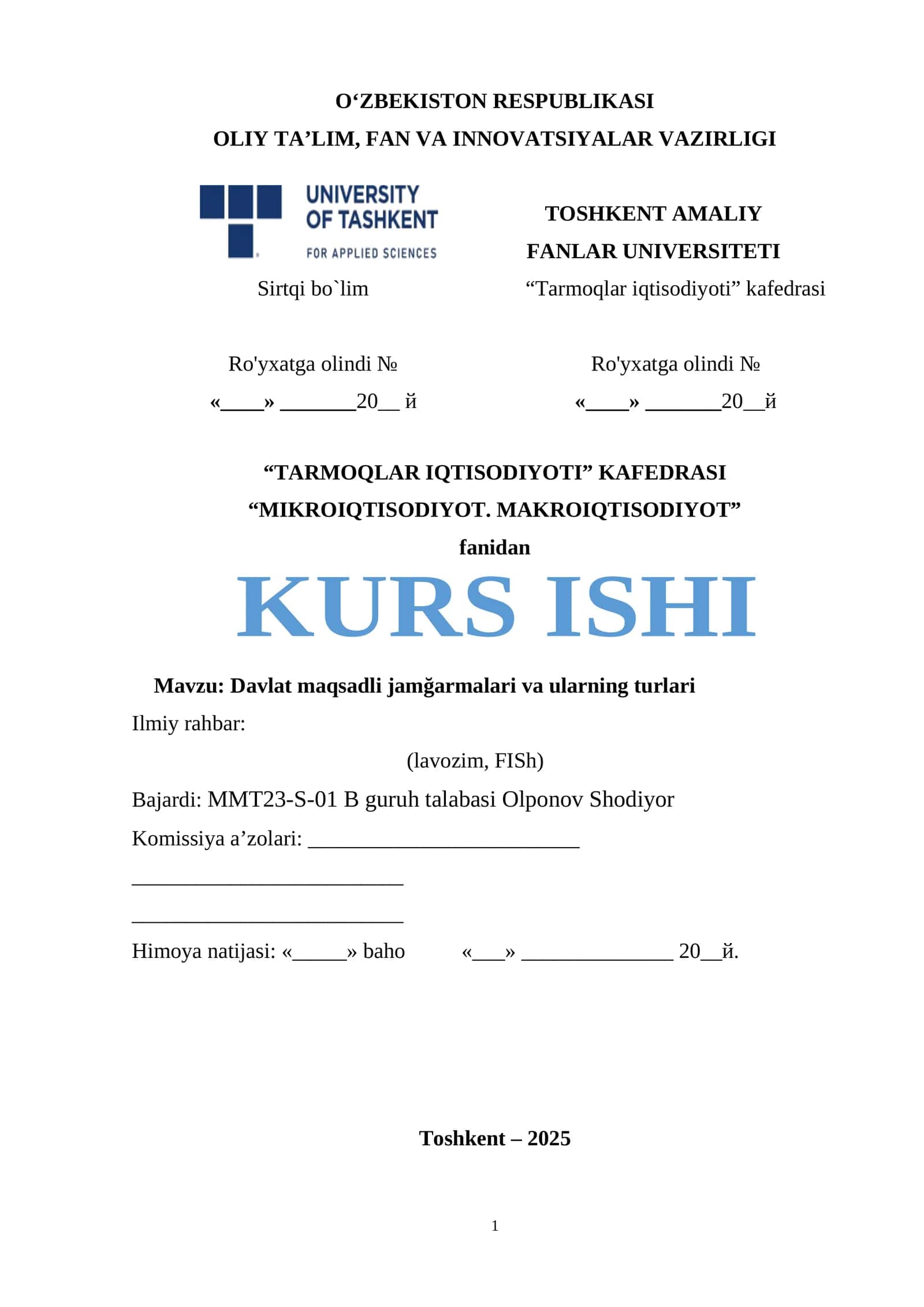 Mikro iqtisodiyot va makro iqtisodiyot kurs ishi 1