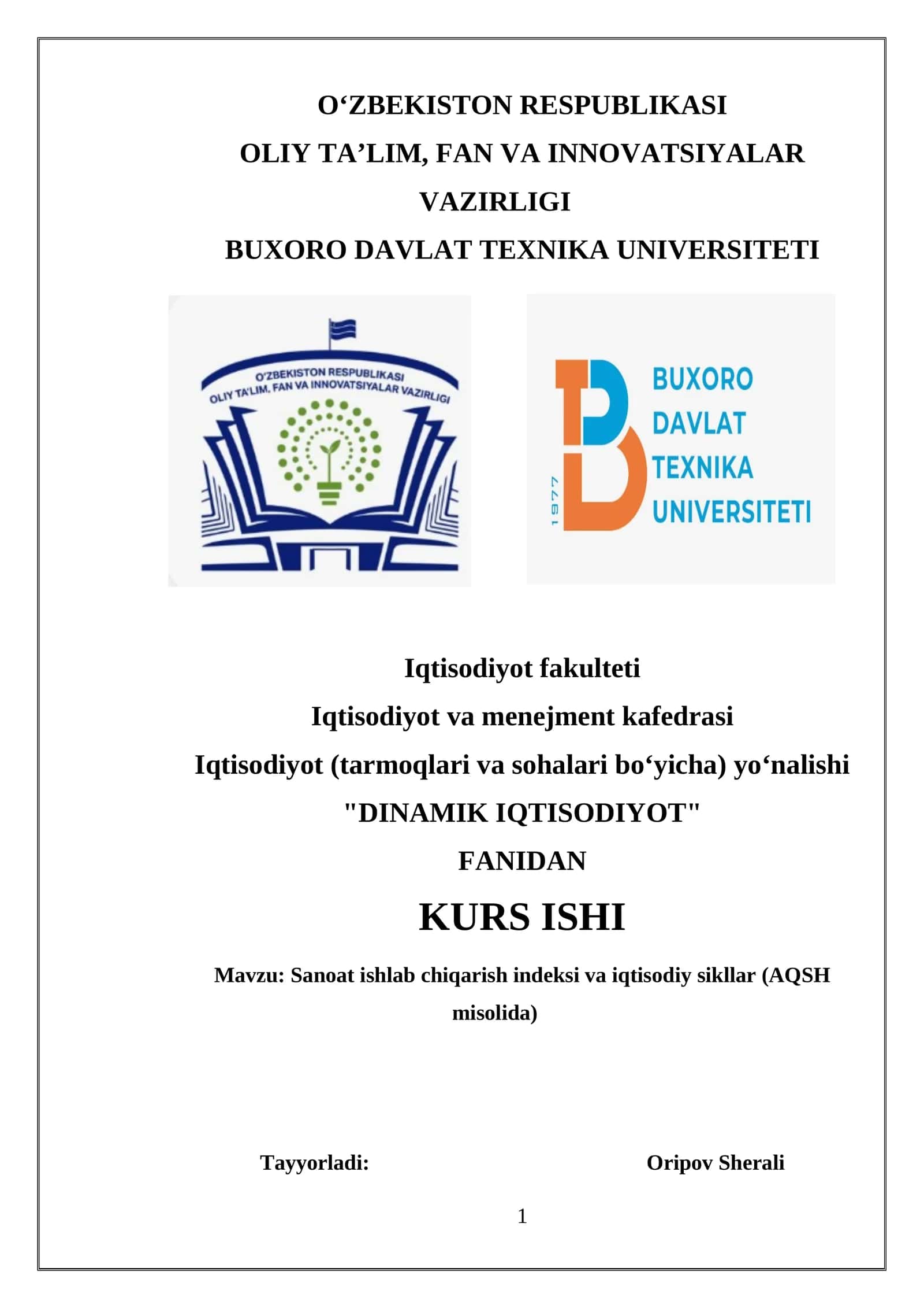 "DINAMIK IQTISODIYOT" KURS ISHI 1