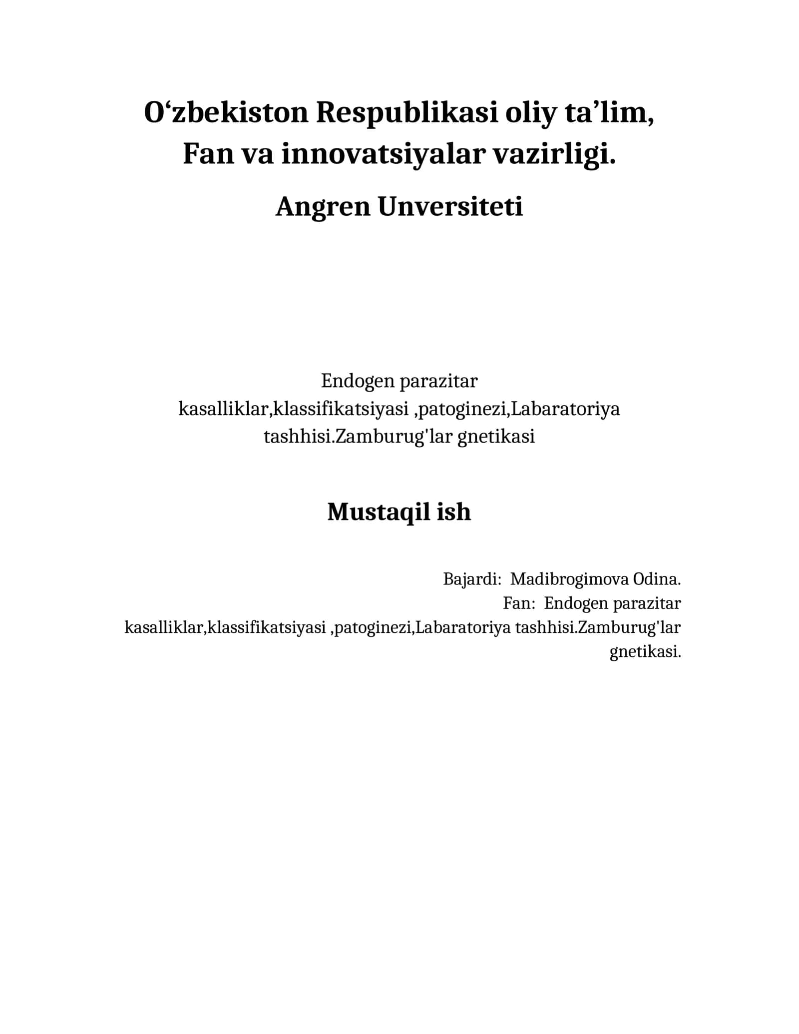 Endogen parazitar kasalliklar klassifikatsiyasi 1