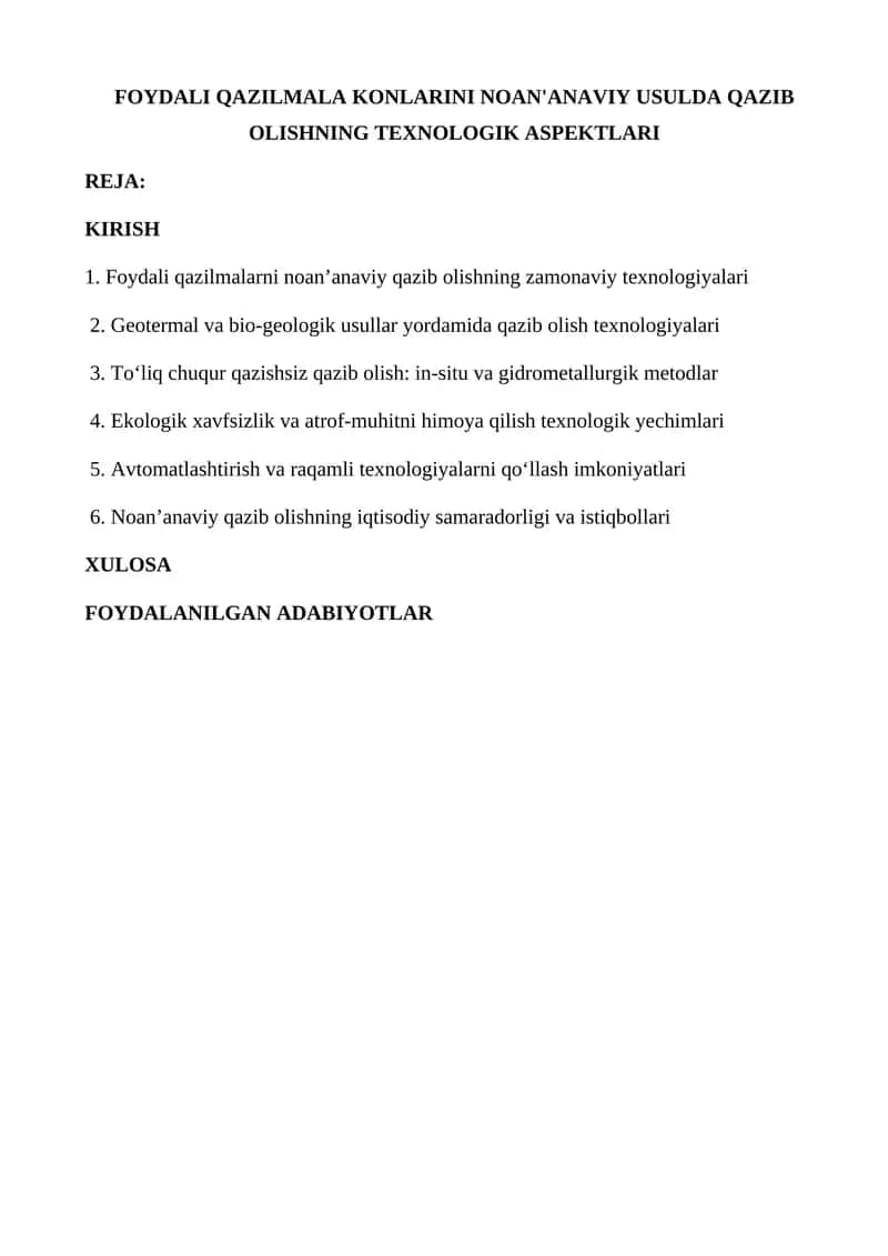 FOYDALI QAZILMALA KONLARINI NOAN'ANAVIY USULDA QAZIB OLISHNING TEXNOLOGIK ASPEKTLARI 1