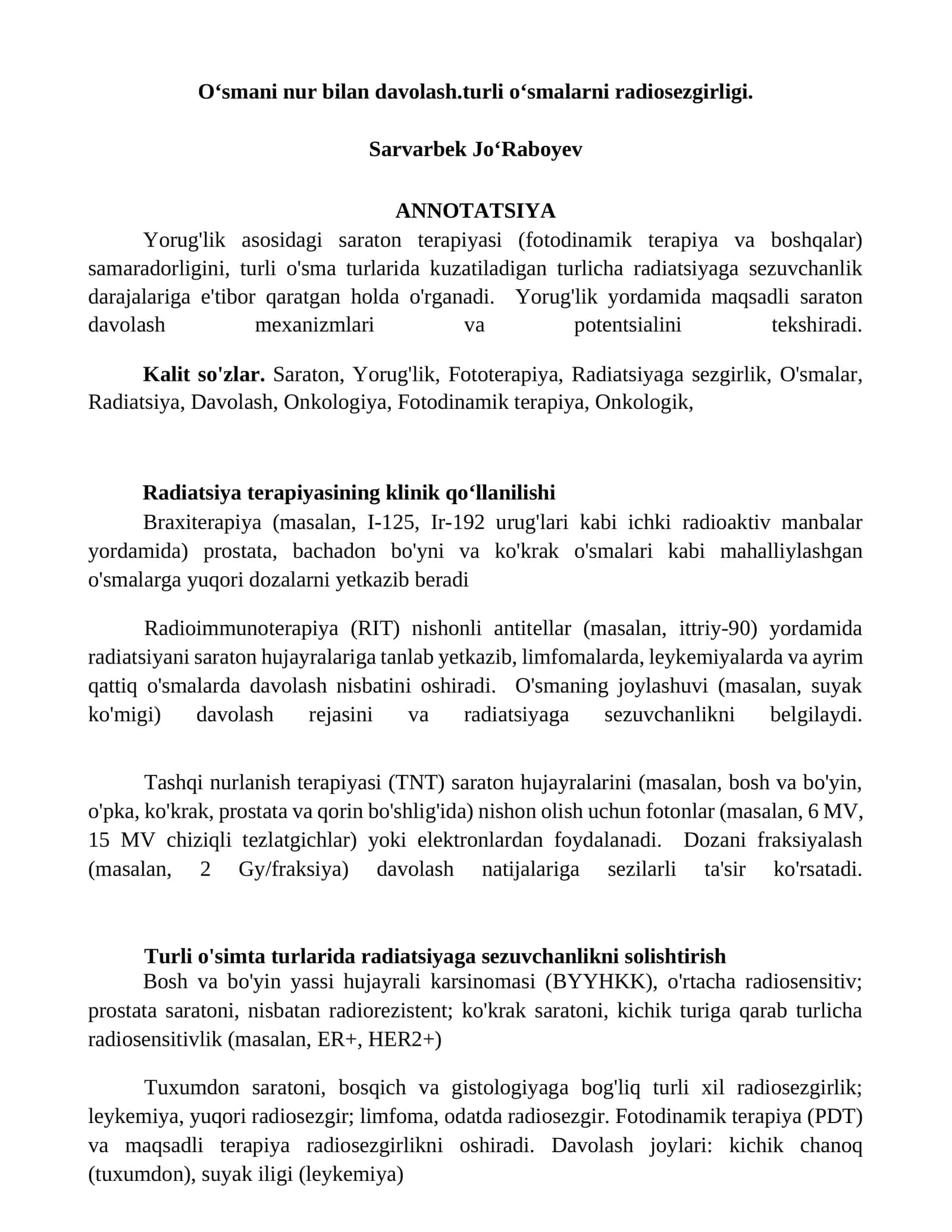 Oʻsmani nur bilan davolash.turli oʻsmalarni radiosezgirligi 1