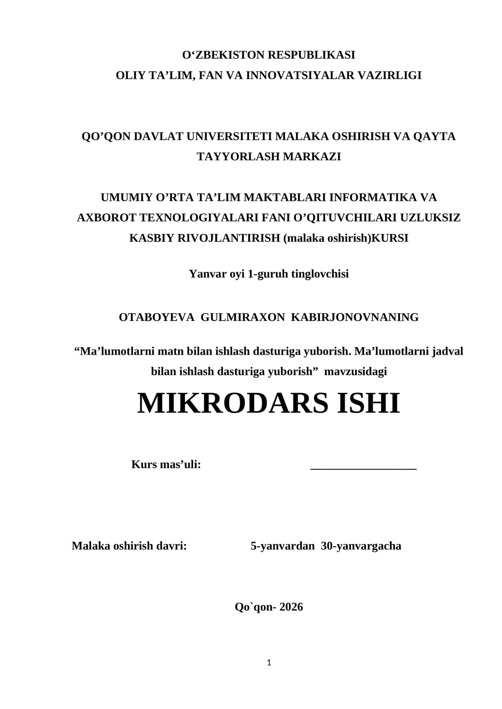 Ma’lumotlarni matn bilan ishlash dasturiga yuborish. Ma’lumotlarni jadval bilan ishlash dasturiga yuborish 1