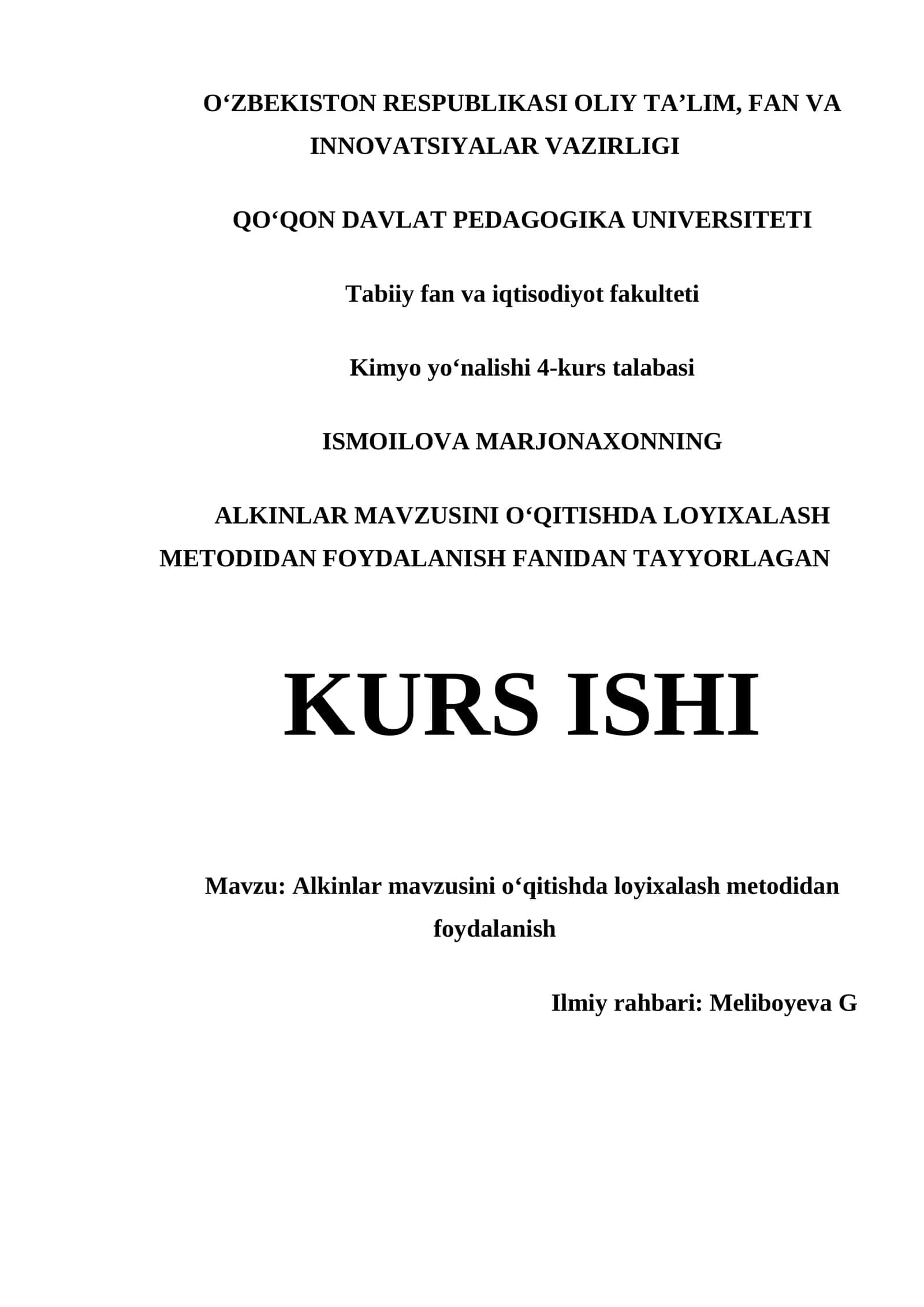 Alkinlar mavzusini oʻqitishda loyixalash metodidan foydalanish kurs ishi 1