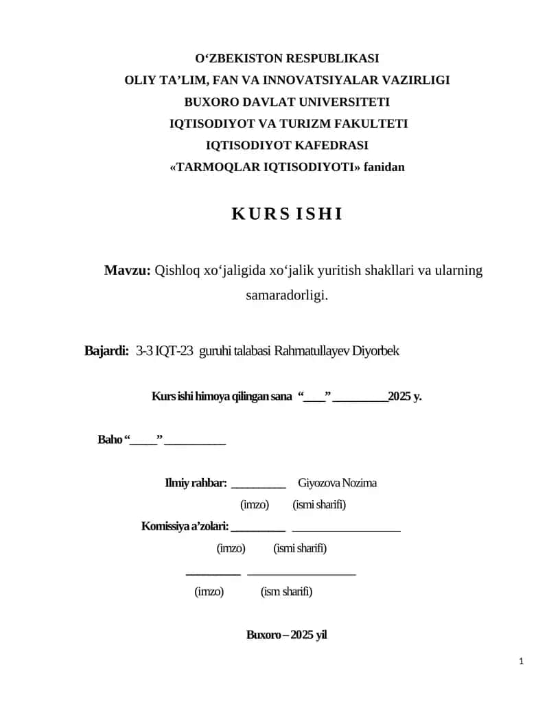 Qishloq xo‘jaligida xo‘jalik yuritish shakllari va ularning samaradorligi 1