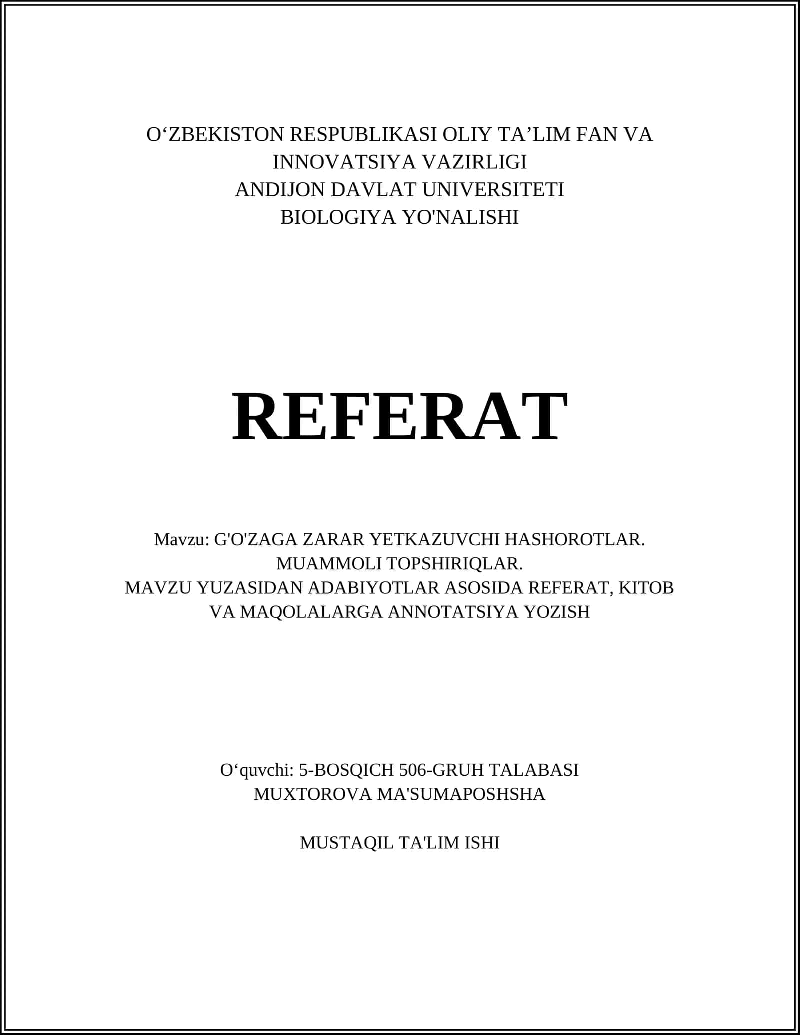 G'O'ZAGA ZARAR YETKAZUVCHI HASHOROTLAR REFERAT 1