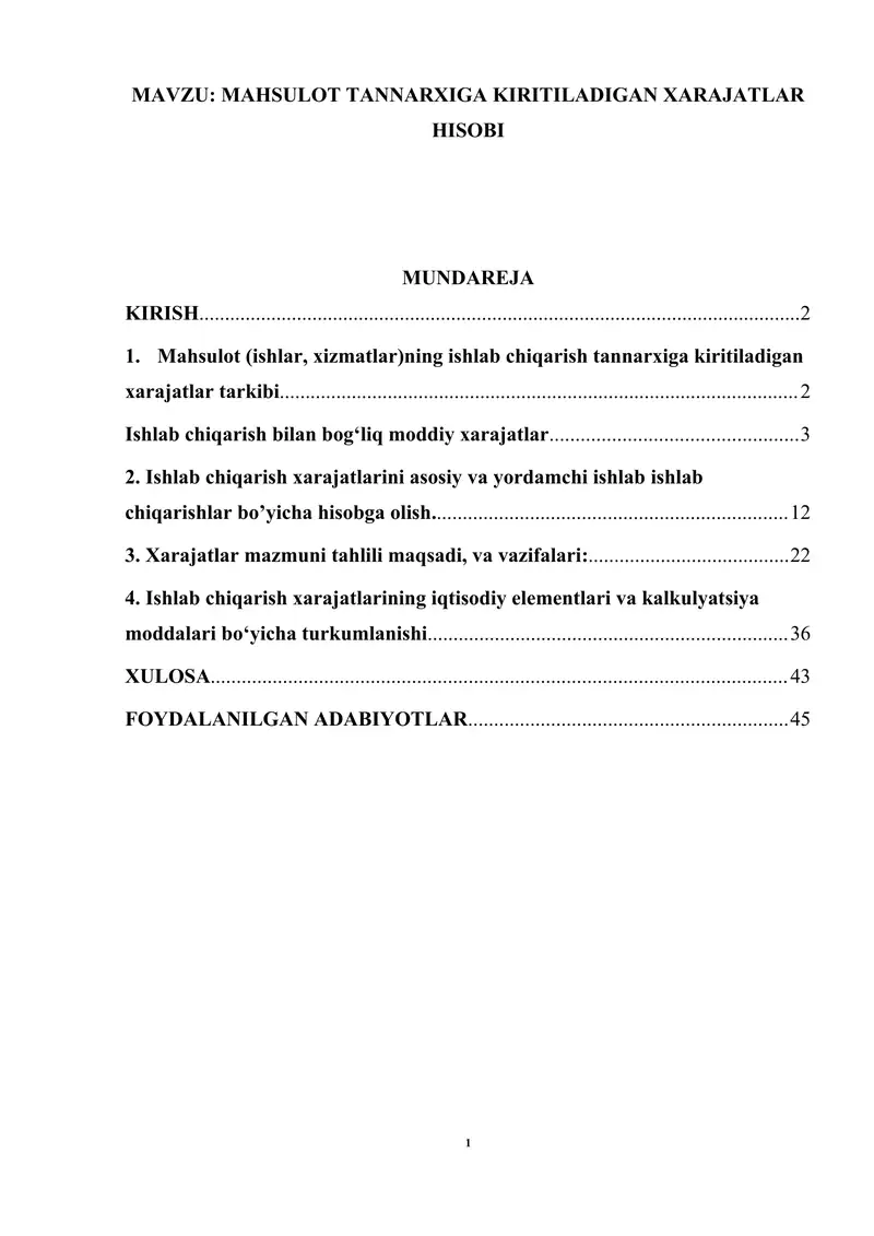 MAHSULOT TANNARXIGA KIRITILADIGAN XARAJATLAR HISOBI mavzusi bo'yicha kurs ishi 1