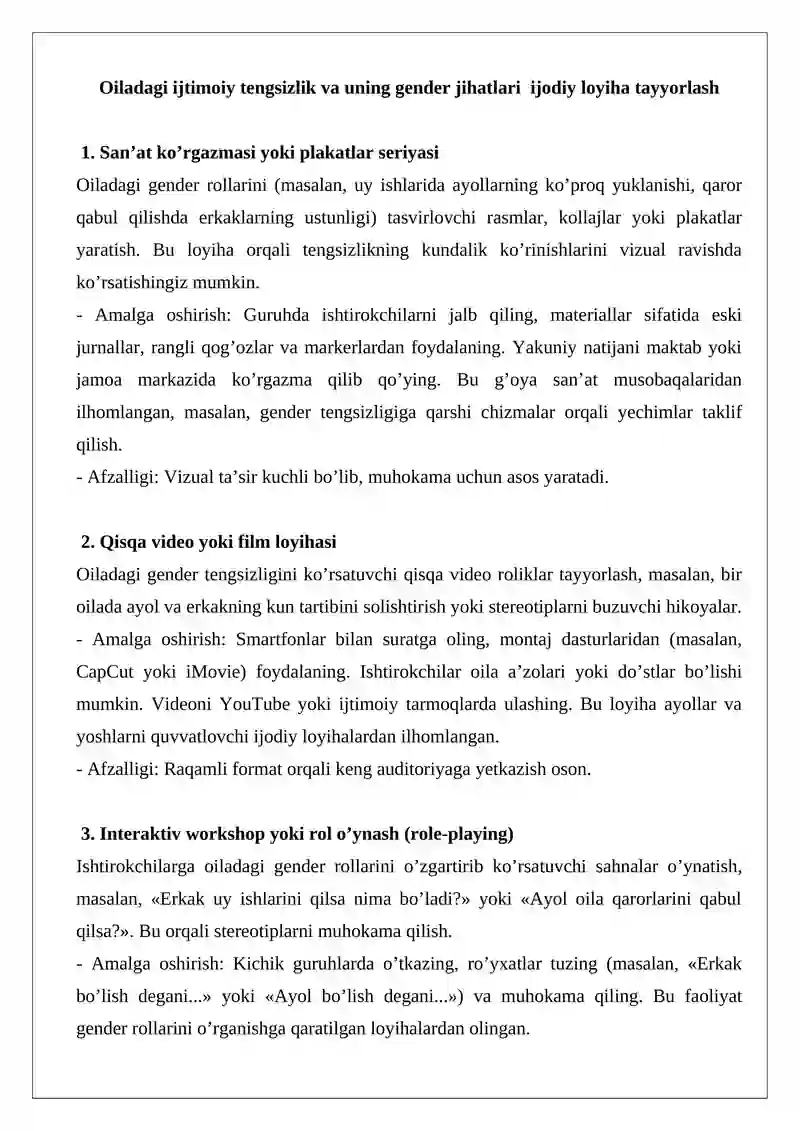 Oiladagi ijtimoiy tengsizlik va uning gender jihatlari ijodiy loyiha tayyorlash