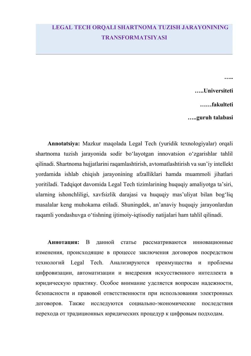 LEGAL TECH ORQALI SHARTNOMA TUZISH JARAYONINING TRANSFORMATSIYASI 1