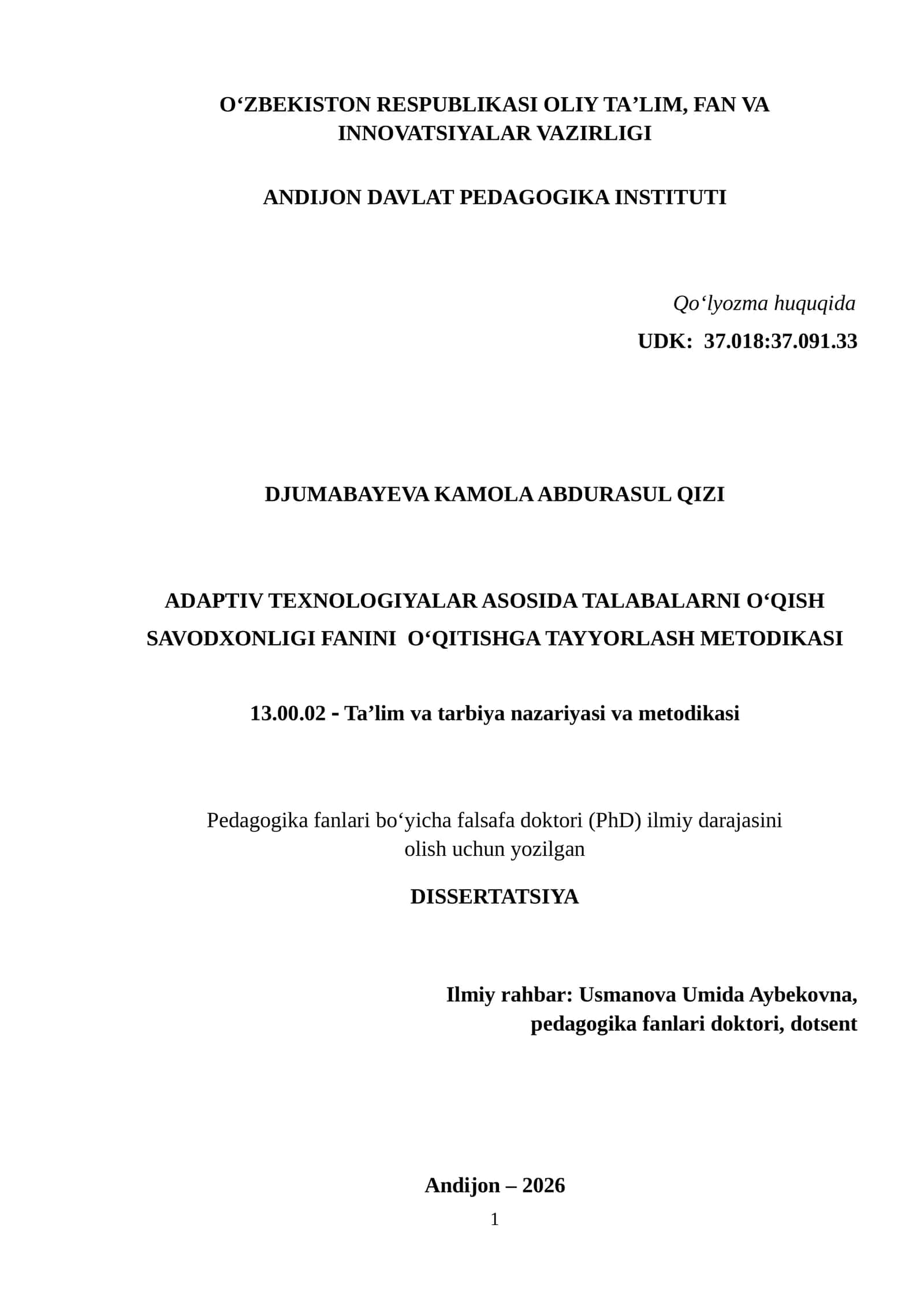 ADAPTIV TEXNOLOGIYALAR ASOSIDA TALABALARNI O‘QISH SAVODXONLIGI FANINI O‘QITISHGA TAYYORLASH METODIKASI 1