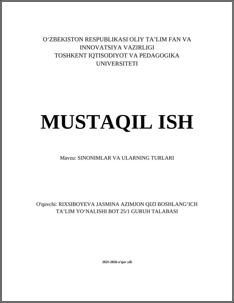 SINONIMLAR VA ULARNING TURLARI 1
