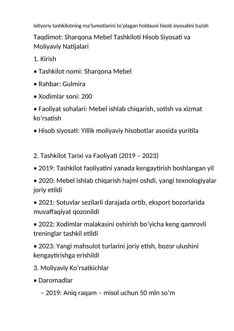 Sharqona Mebel Tashkiloti Hisob Siyosati va Moliyaviy Natijalari 1