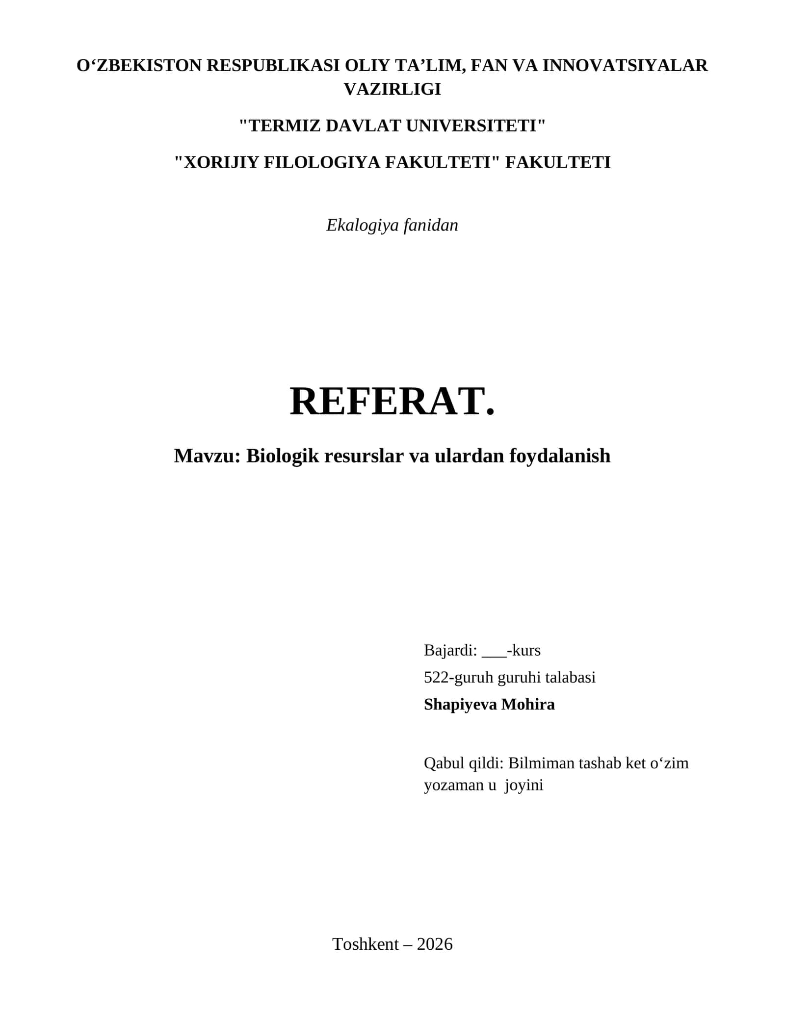 Biologik resurslar va ulardan foydalanish 1