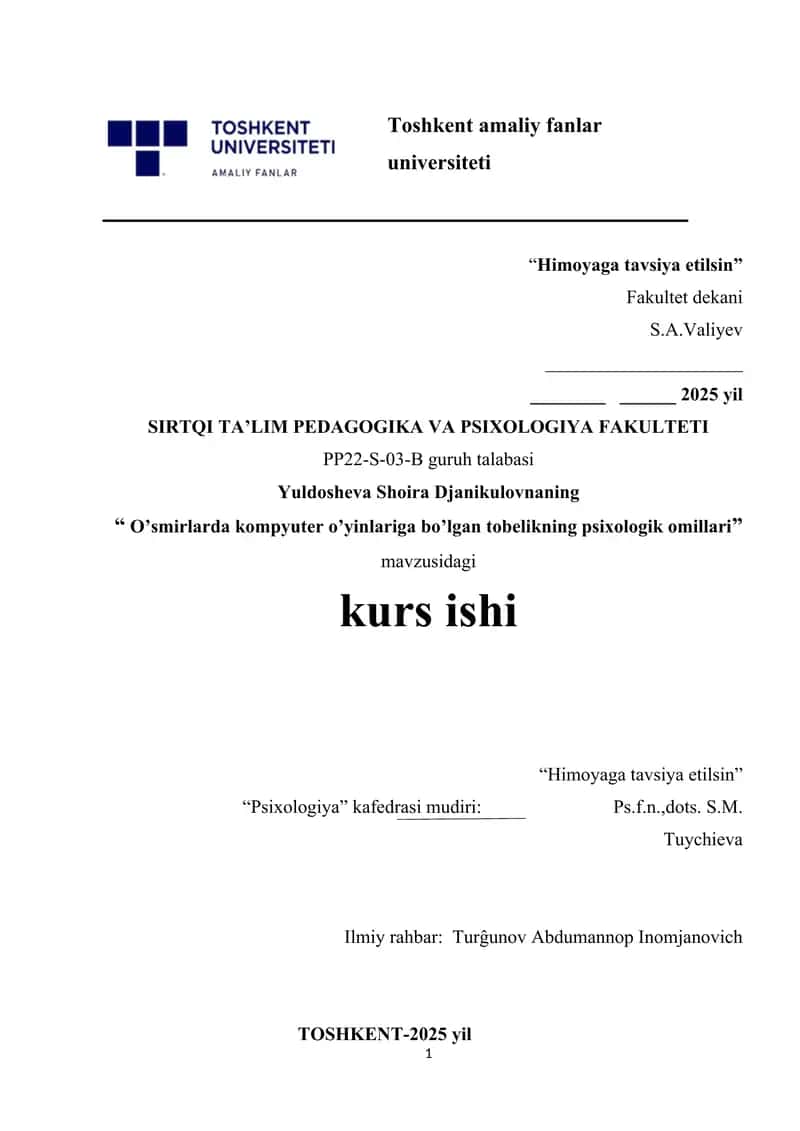 O’smirlarda kompyuter o’yinlariga bo’lgan tobelikning psixologik omillari 1