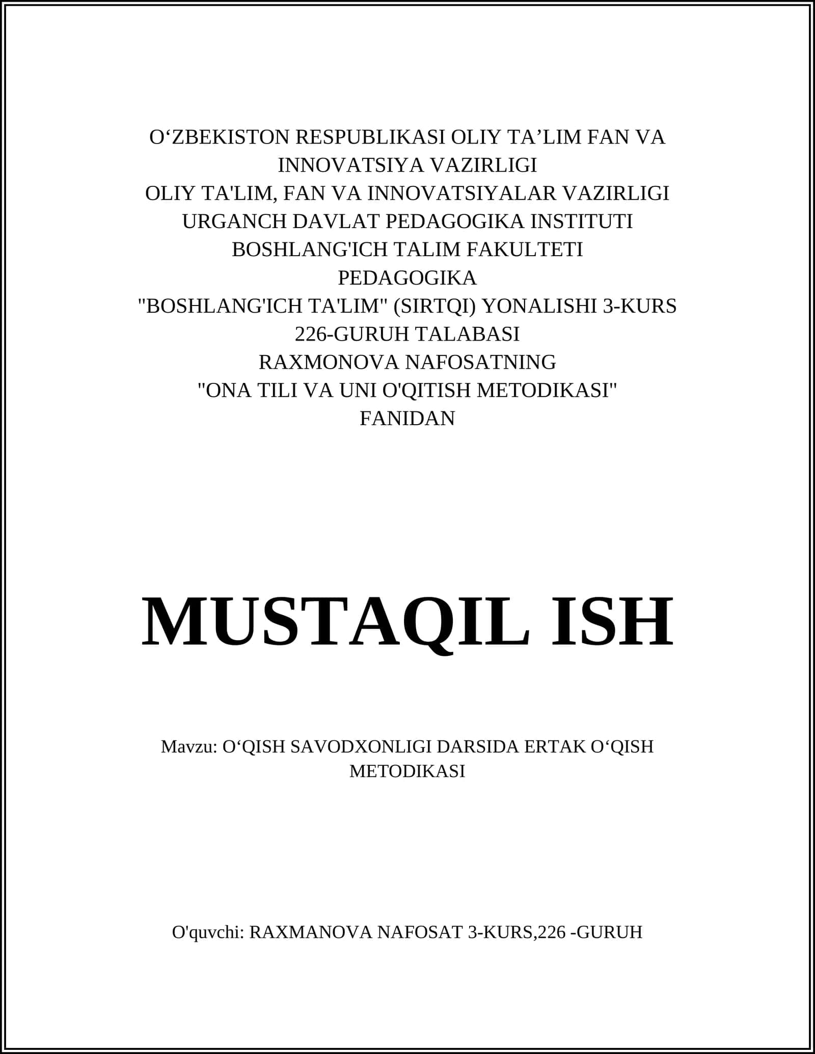 OʻQISH SAVODXONLIGI DARSIDA ERTAK OʻQISH METODIKASI 1
