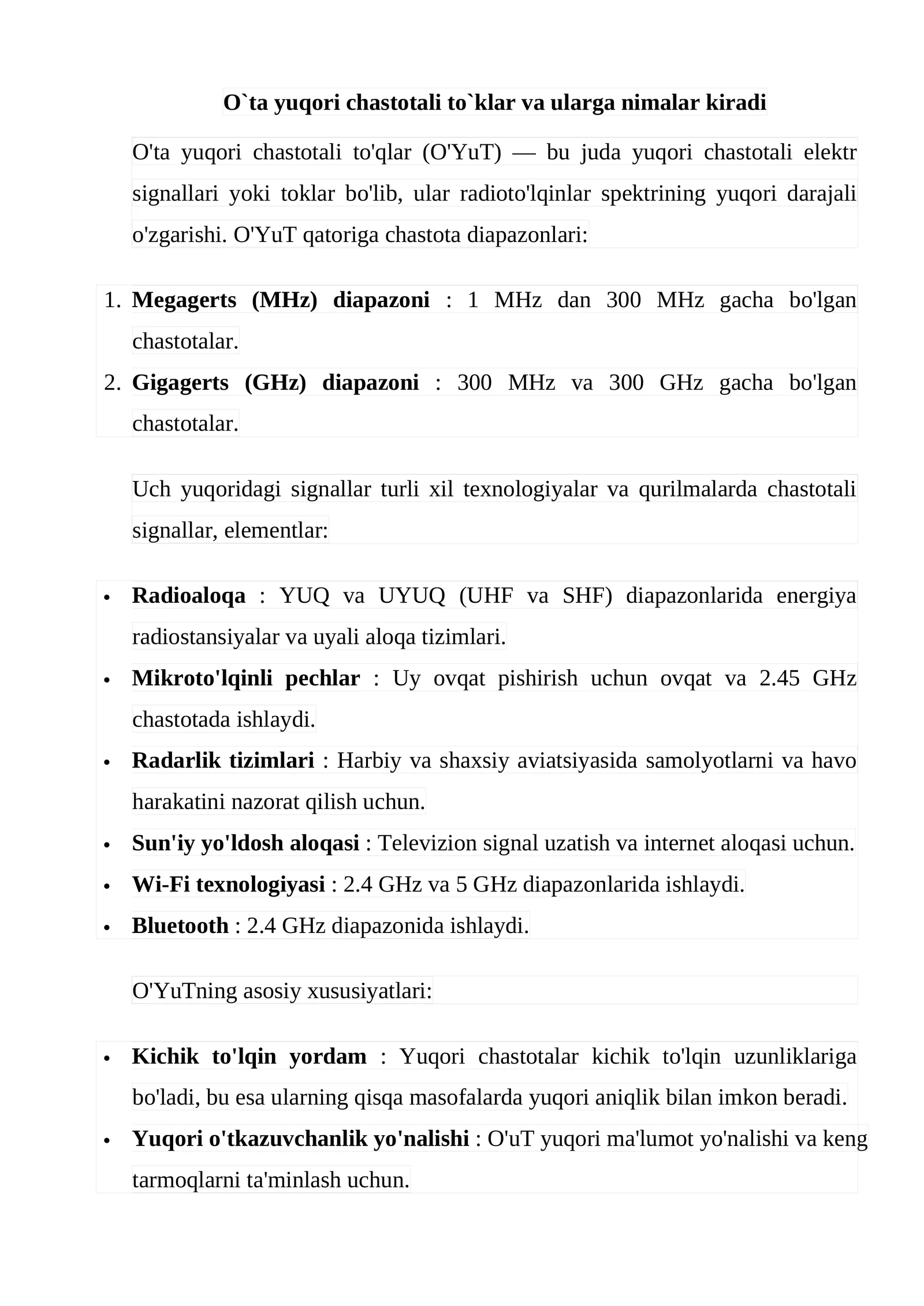 O`ta yuqori chastotali to'qlar va ularga nimalar kiradi 1