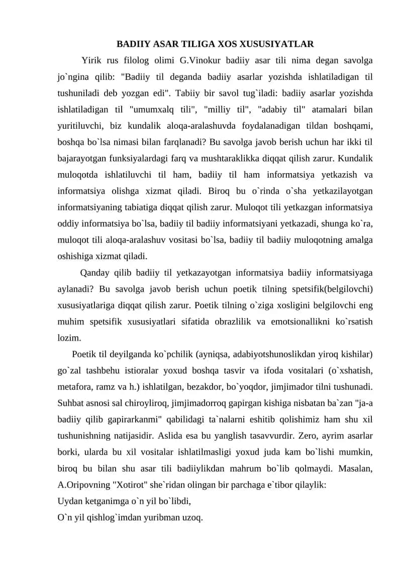 BADIIY ASAR TILIGA XOS XUSUSIYATLAR 1