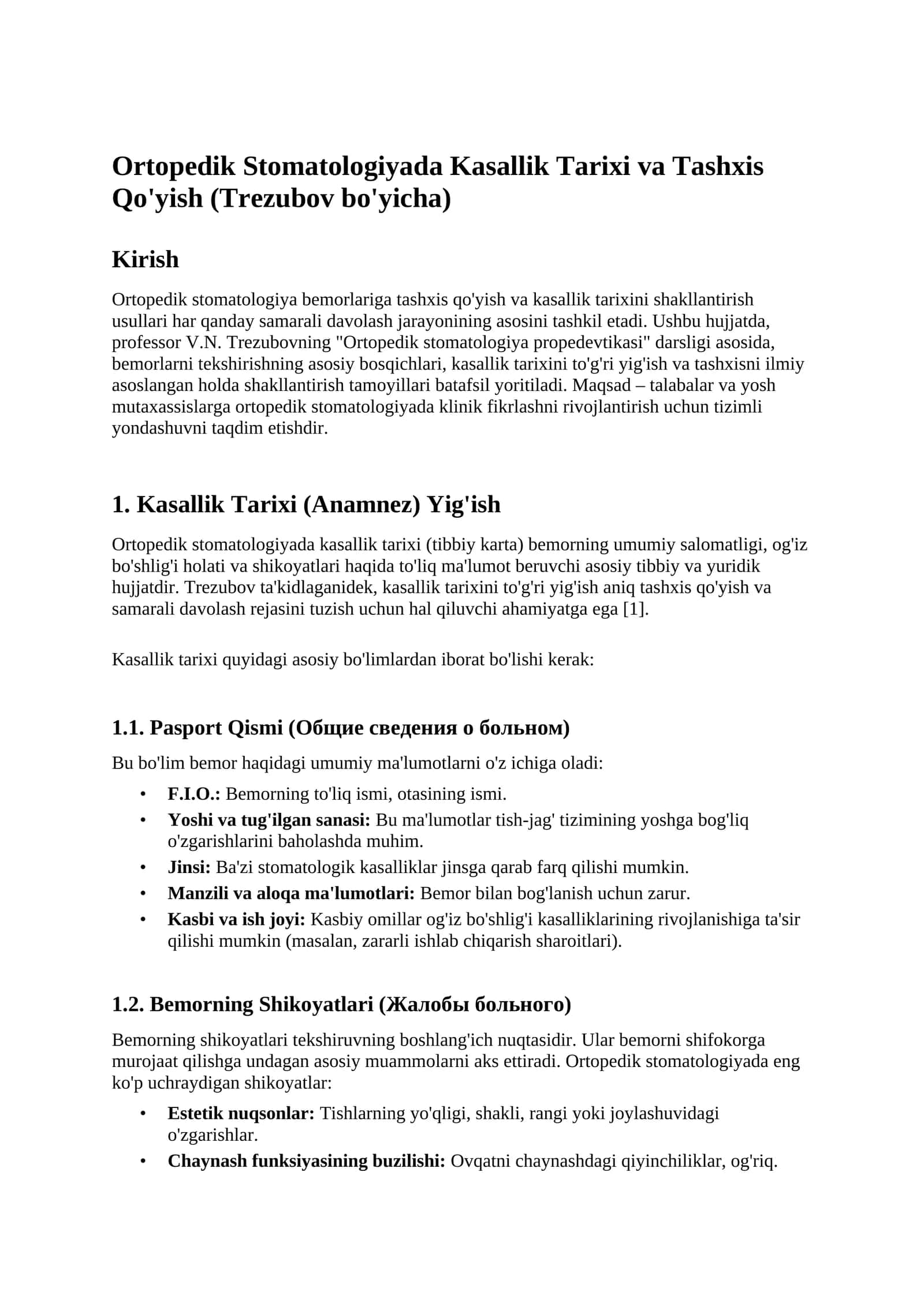 Ortopedik Stomatologiyada Kasallik Tarixi va Tashxis Qo'yish (Trezubov bo'yicha) 1