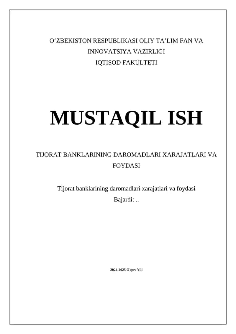 Tijorat Banklarining Daromadlari Xarajatlari va Foydasi 1