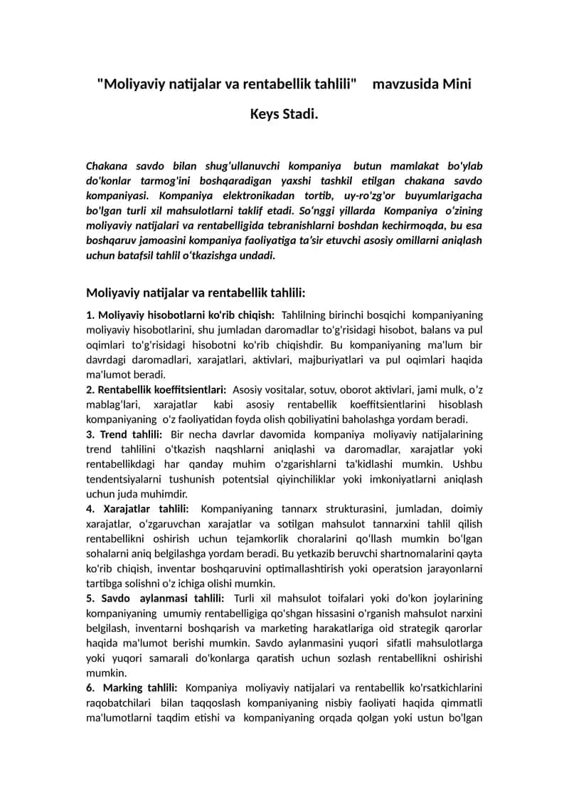 Moliyaviy natijalar va rentabellik tahlili 1