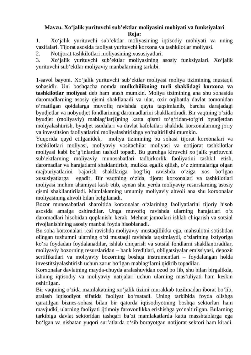 Xo‘jalik yurituvchi sub’ektlar moliyasi 1