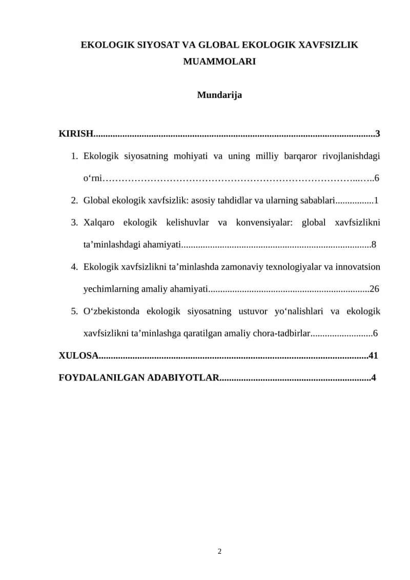 Ekologik Siyosat va Global Ekologik Xavfsizlik Muammolari 1