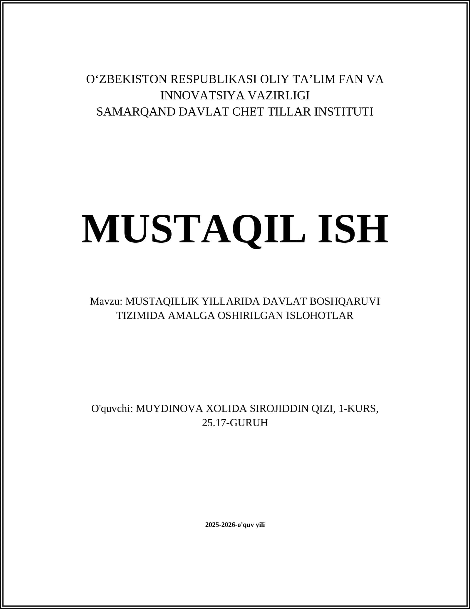 MUSTAQILLIK YILLARIDA DAVLAT BOSHQARUVI TIZIMIDA AMALGA OSHIRILGAN ISLOHOTLAR 1