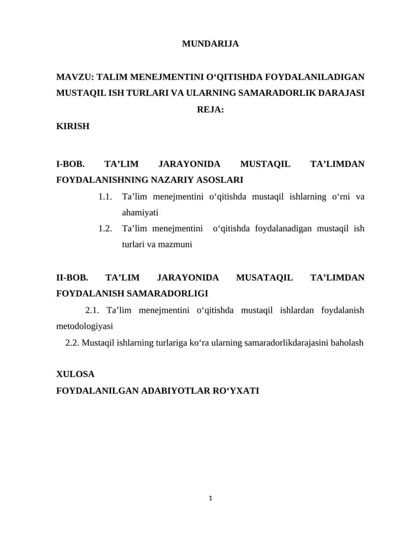 TALIM MENEJMENTINI O‘QITISHDA FOYDALANILADIGAN MUSTAQIL ISH TURLARI VA ULARNING SAMARADORLIK DARAJASI 1