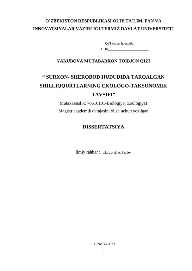 SURXON- SHEROBOD HUDUDIDA TARQALGAN SHILLIQQURTLARNING EKOLOGO-TAKSONOMIK TAVSIFI 1