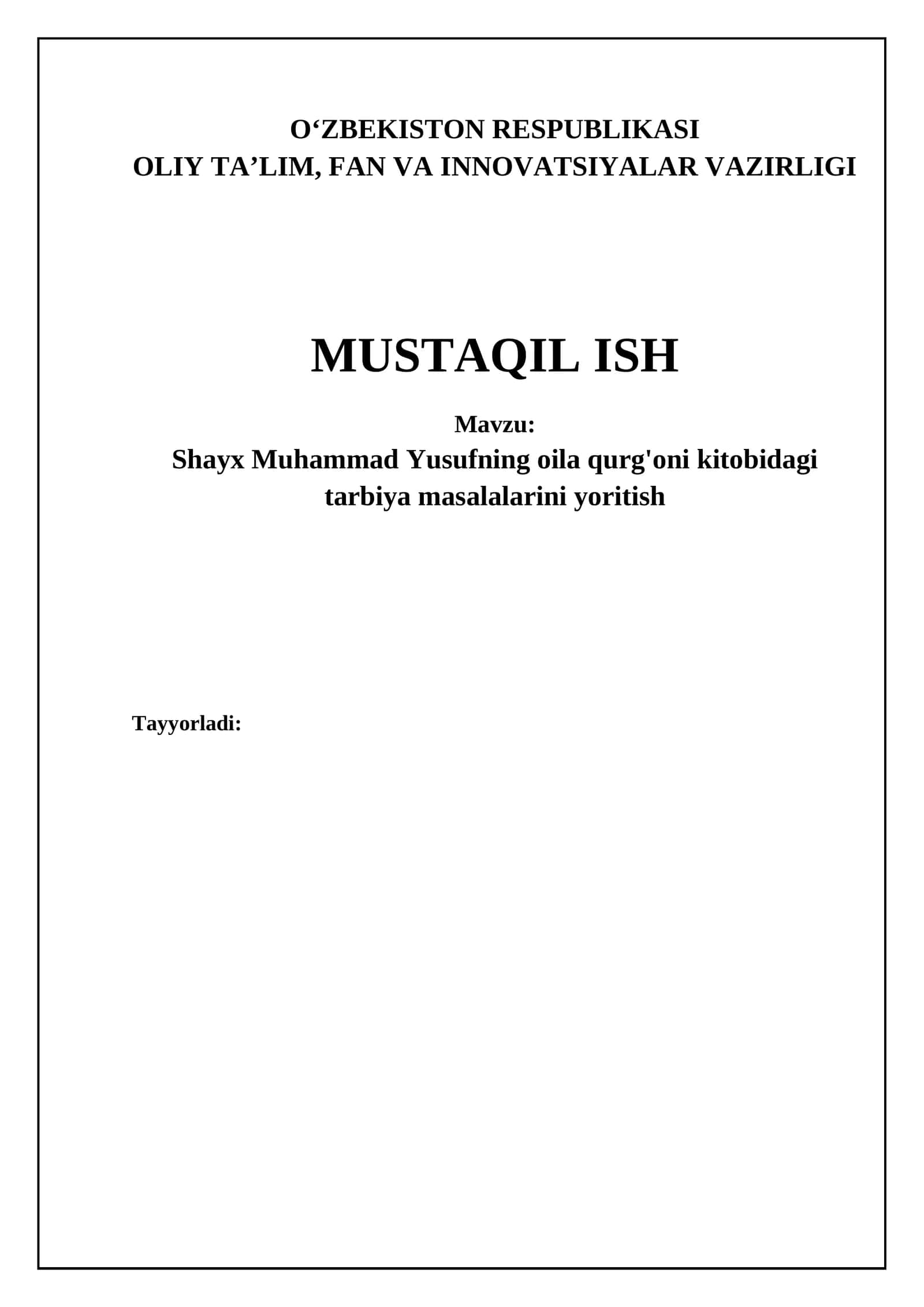 Shayx Muhammad Yusufning oila qurg'oni kitobidagi tarbiya masalalarini yoritish 1