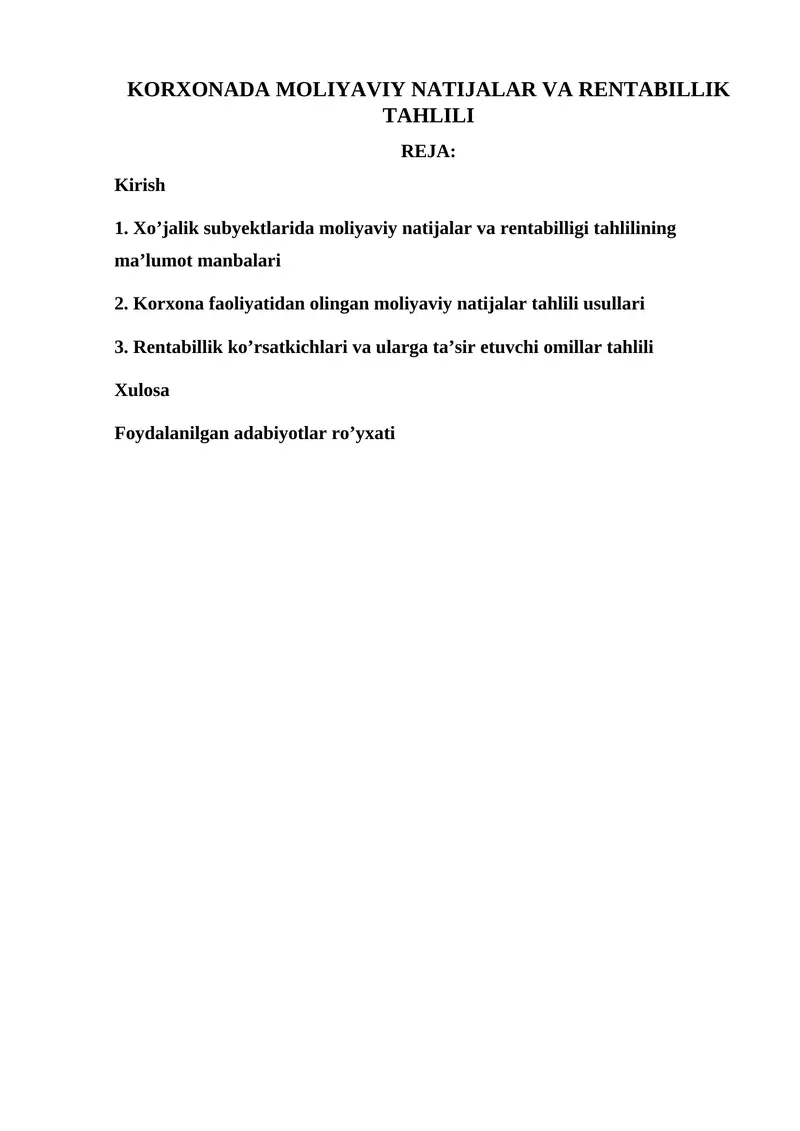 KORXONADA MOLIYAVIY NATIJALAR VA RENTABILLIK TAHLILI 1
