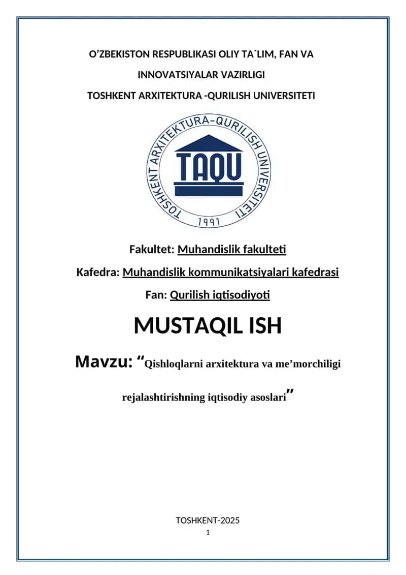 Qishloqlarni arxitektura va meʼmorchiligi rejalashtirishning iqtisodiy asoslari 1