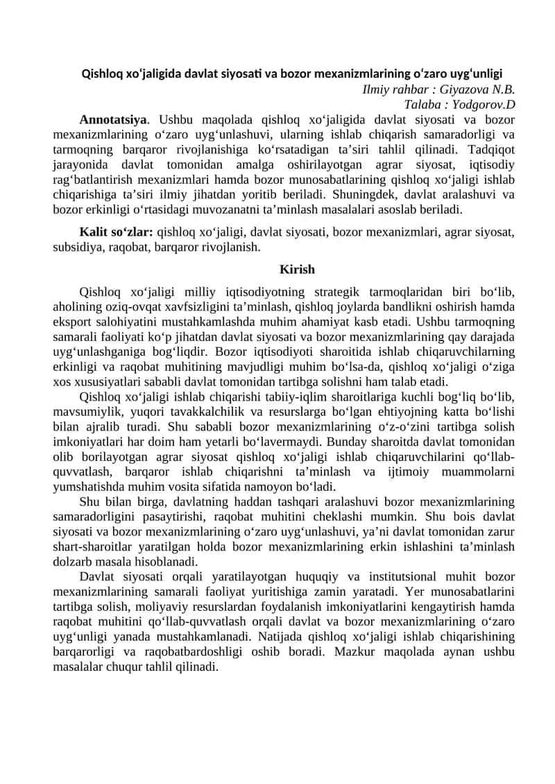 Qishloq xo‘jaligida davlat siyosati va bozor mexanizmlarining o‘zaro uyg‘unligi 1