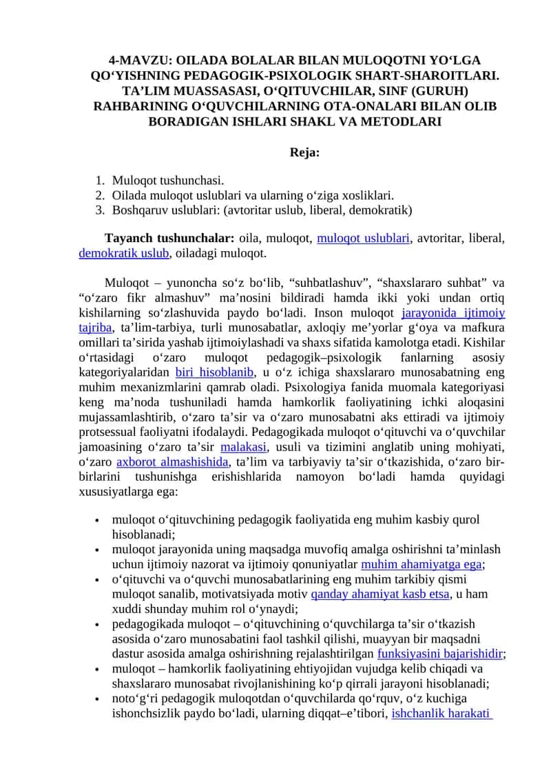 OILADA BOLALAR BILAN MULOQOTNI YO‘LGA QO‘YISHNING PEDAGOGIK-PSIXOLOGIK SHART-SHAROITLARI 1