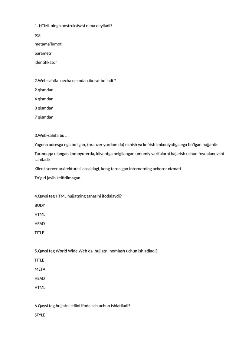 HTML bo'yicha test savollari 1