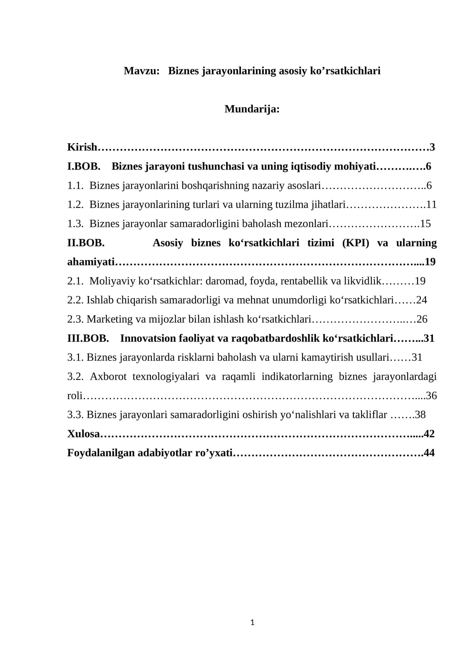 Biznes jarayonlarining asosiy ko’rsatkichlari 1