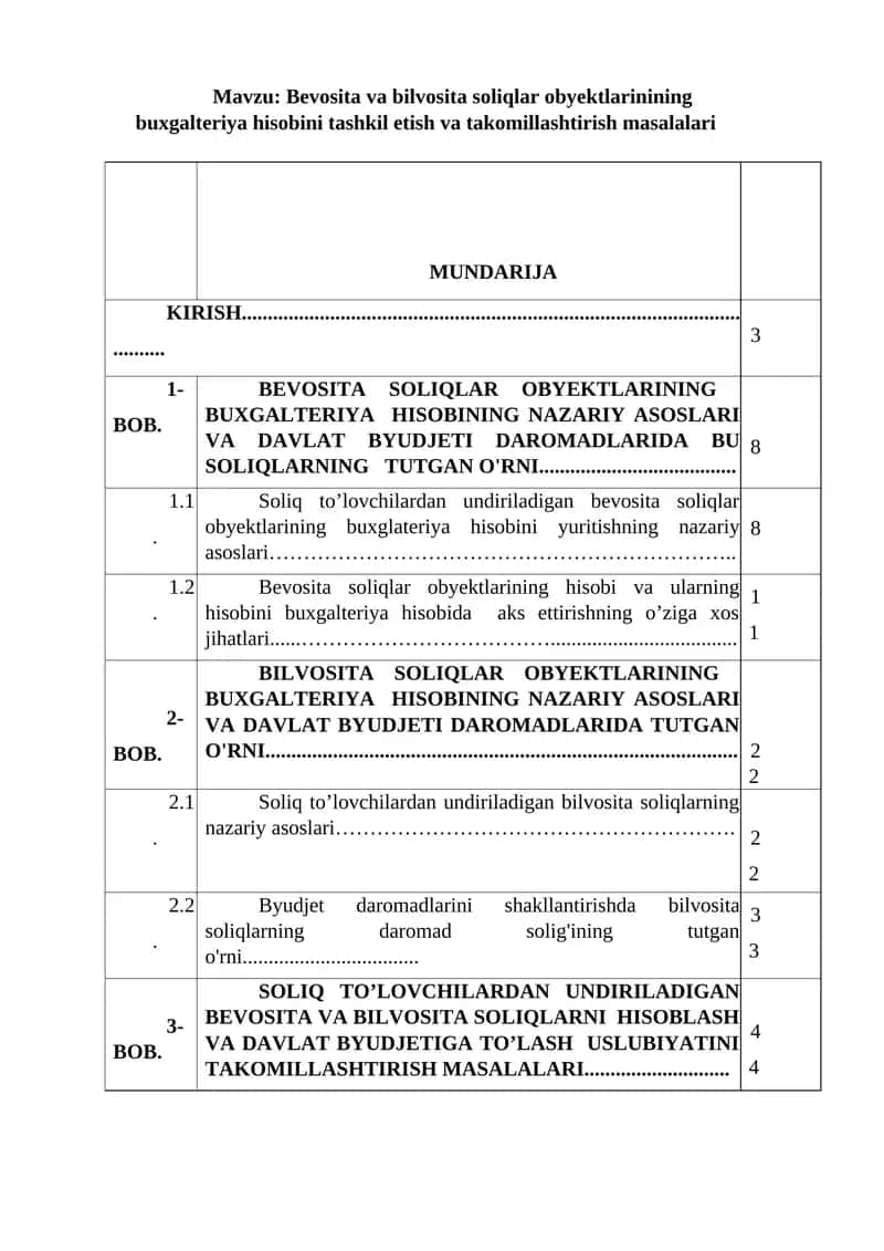 Bevosita va bilvosita soliqlar obyektlarinining buxgalteriya hisobini tashkil etish va takomillashtirish masalalari 1