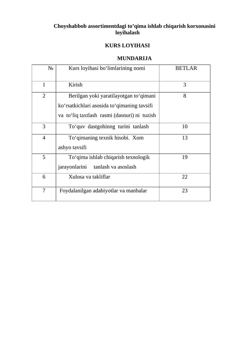 Choyshabbob assortimentdagi to’qima ishlab chiqarish korxonasini loyihalash KURS LOYIHASI 1