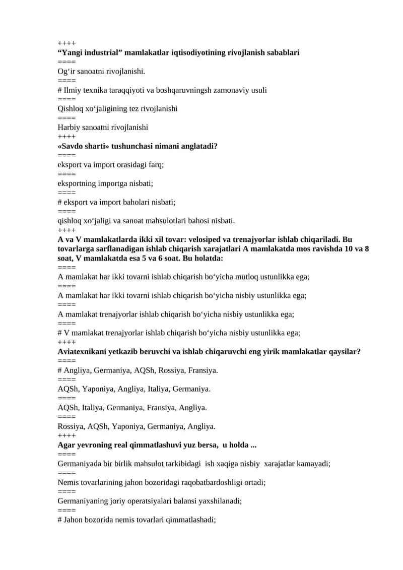 Jahon Iqtisodiyoti va Xalqaro iqtisodiy munosabatlar fanidan yakuniy nazorat uchun test javoblari 1