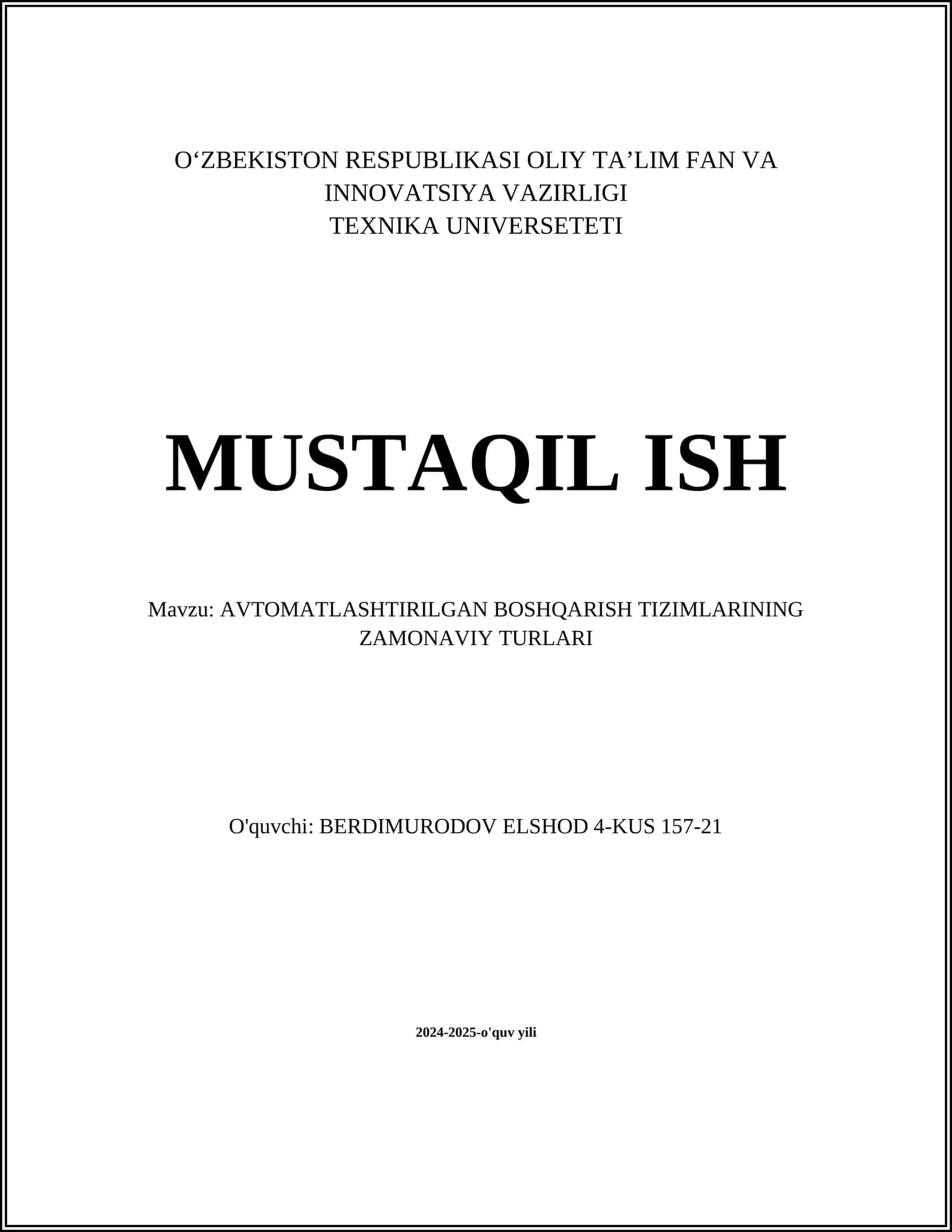 AVTOMATLASHTIRILGAN BOSHQARISH TIZIMLARI 1