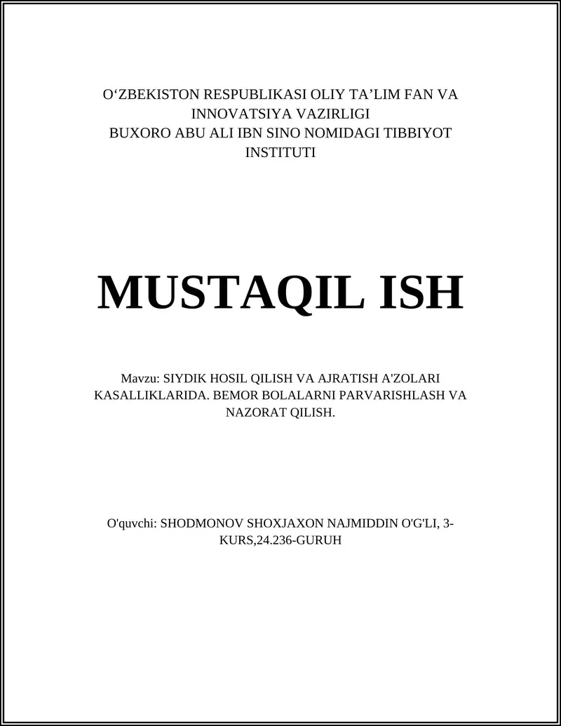 SIYDIK HOSIL QILISH VA AJRATISH A'ZOLARI KASALLIKLARIDA 1