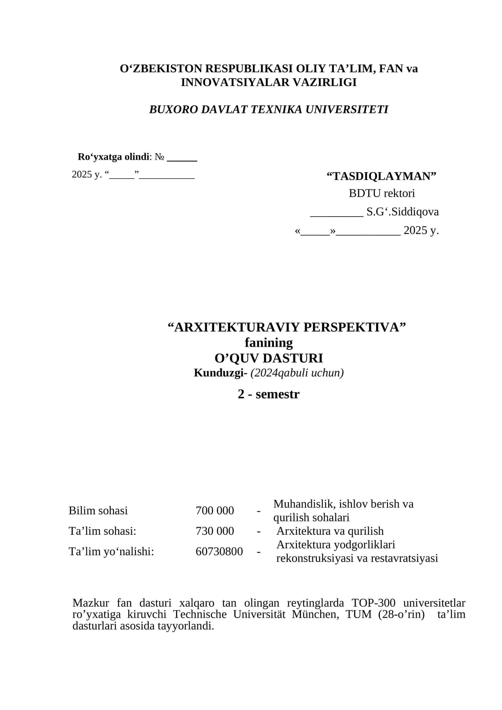 “ARXITEKTURAVIY PERSPEKTIVA” fanining O’QUV DASTURI Kunduzgi- (2024qabuli uchun) 2-semestr 1
