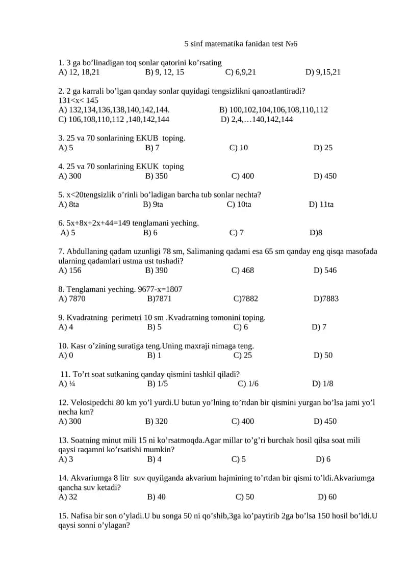 5-SINF UCHUN MATEMATIKADAN TEST 1